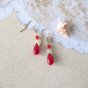 Red coral earrings.  Red earrings. Long red earrings.  Coral earrings