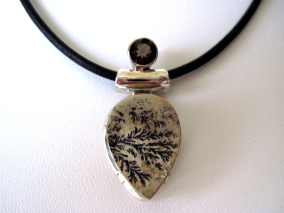 Germany psilomelane dendrite  with smoky quartz necklace   leather necklace