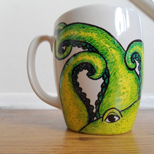 Up cycled  Hand Drawn Octopus Sea Monster Coffee Mug