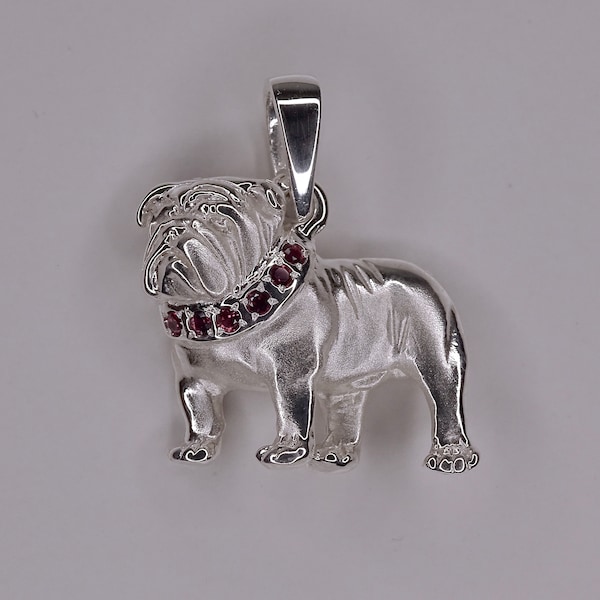 Large Sterling Silver Bulldog/ English Bulldog Standing Study With Synthetic Ruby Collar Pendant