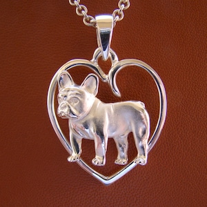 Sterling Silver French Bulldog Standing Study On A Heart Pendant