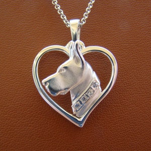 Small Sterling Silver Great Dane Head Study With CZ Collar On A Heart Frame Pendant