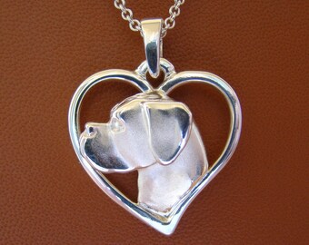 Large Sterling Boxer Head Study With Un-Cropped Ears On A Heart Frame Pendant