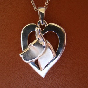 Small Sterling Silver Great Dane Head Study Pendant On A Free Form Heart