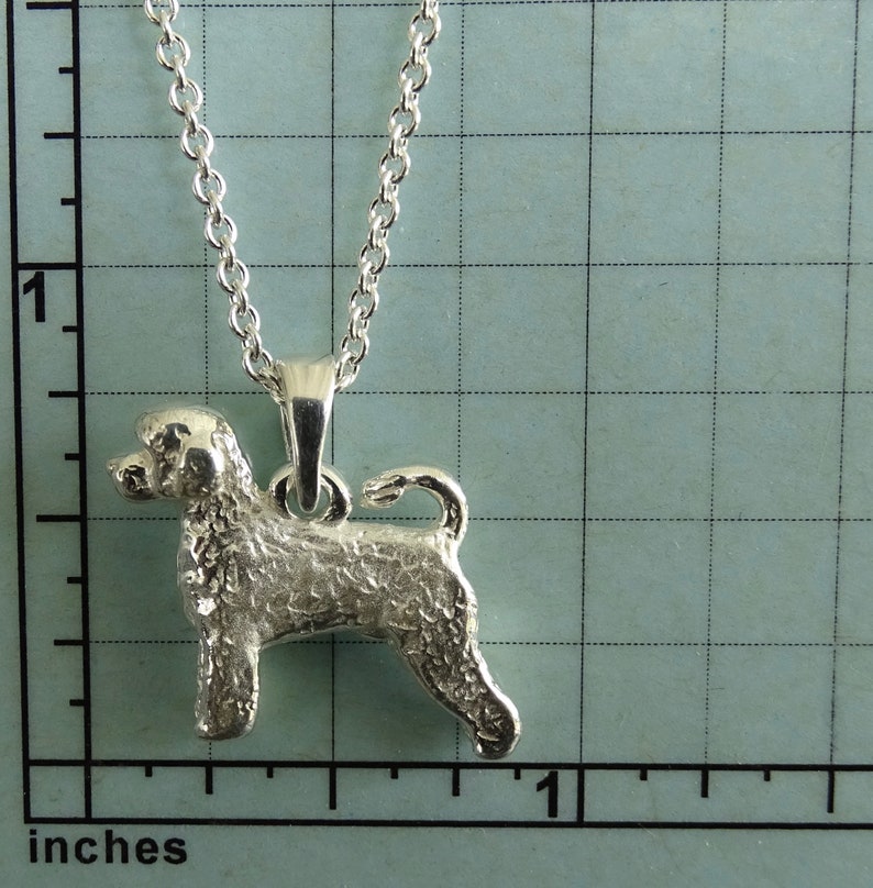 May include: Silver pendant necklace featuring a detailed, textured, 3D design of a Portuguese Water Dog. The pendant is approximately 1 inch in length.