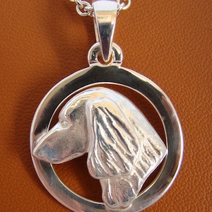 Sterling Silver Long Hair Dachshund Head Study On A Circle Frame Pendant