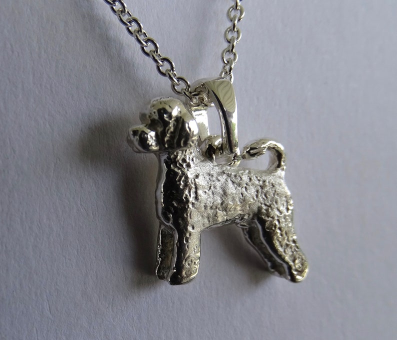 May include: Silver pendant necklace featuring a detailed, textured, standing dog charm. The dog is a breed with curly hair, and the pendant is attached to a silver chain.