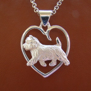 Small Sterling Silver Cairn Terrier Moving Study On A Heart Pendant