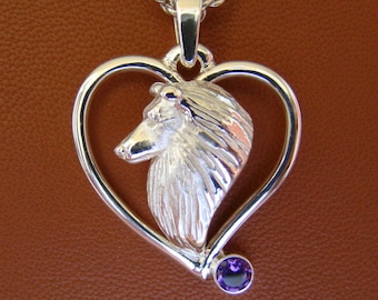 Sterling Silver Sheltie / Shetland Sheepdog Head Study On Free Form Heart Frame With Amethyst Accent Pendant