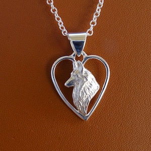 Sterling Silver Belgian Tervuren / Belgian Sheepdog Head Study On A Heart Pendant
