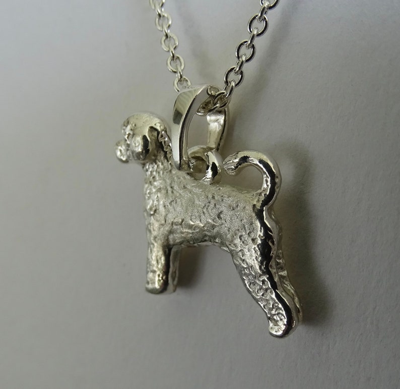 May include: Silver pendant necklace featuring a detailed, textured, sculpted dog charm. The dog is standing with its tail curled up.