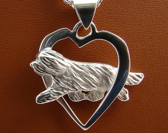 Large Sterling Silver Bearded Collie Moving Study Through A Free Form Heart Pendant