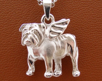 Small Sterling Silver Bulldog /  English Bulldog Angel Pendant