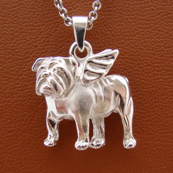 Small Sterling Silver Bulldog /  English Bulldog Angel Pendant