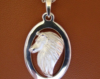 Sterling Silver Sheltie / Shetland Sheepdog Head Study On An Oval Frame Pendant