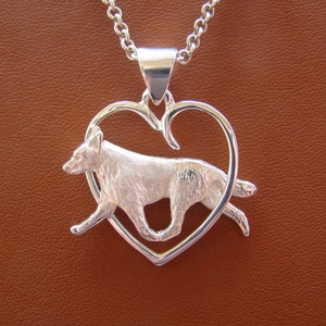 Large Sterling Silver Australian Cattle Dog Moving Study On A Heart Frame Pendant