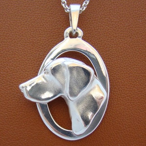 Può includere: Collana con ciondolo in argento con un profilo dettagliato della testa di un cane in una cornice ovale.