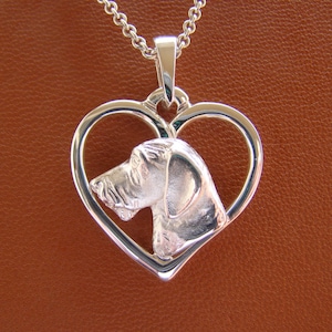 Small Sterling Silver Wire-haired Dachshund Head Study On A Heart Frame Pendant