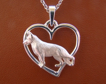 Small Sterling Silver German Shepherd Dog Standing Study On A Heart Pendant