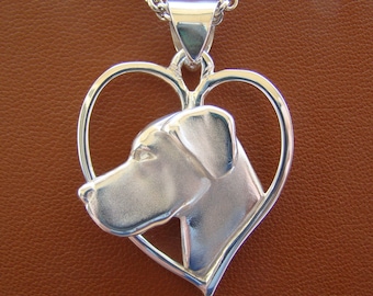 Large Sterling Silver Great Dane Head Study On A Heart Frame Pendant