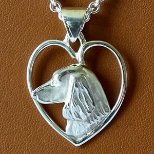 Sterling Silver Long Hair Dachshund Head Study On A Heart Frame Pendant