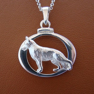 Small Sterling Silver German Shepherd Dog Standing Study On  A Frame Pendant