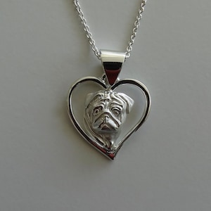 Small Sterling Silver Pug Head Study On A Heart Pendant