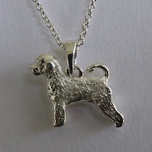 May include: Silver pendant necklace featuring a detailed, textured, 3D design of a Portuguese Water Dog.