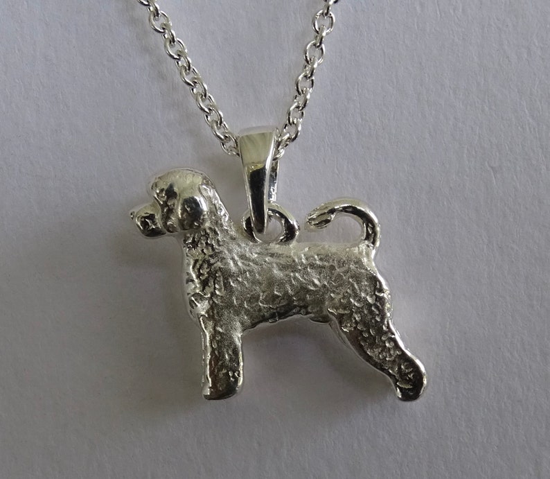 May include: Silver pendant necklace featuring a detailed, textured, 3D design of a Portuguese Water Dog.