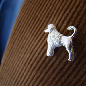 Puede incluir: Un broche de perro caniche de color plateado, con una cola rizada, est&aacute; fijado a una tela de pana marr&oacute;n.