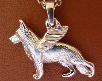 Large Sterling Silver German Shepherd Dog Angel Pendant