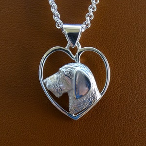 Large Silver Wire-haired Dachshund Head Study On A Heart Frame Pendant