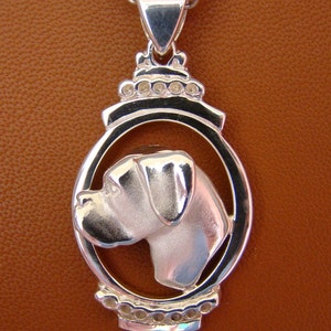 Large Sterling Boxer Head Study With Un-Cropped Ears On A Oval Frame Pendant