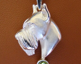Large Sterling Silver Schnauzer Head Study Pendant With Peridot Accent
