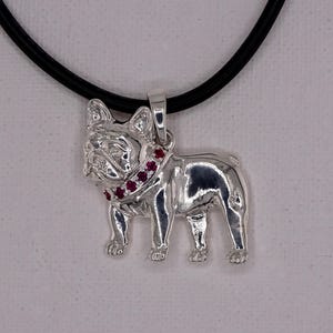Large Sterling Silver French Bulldog Standing Study Pendant With A Synthetic Ruby Collar