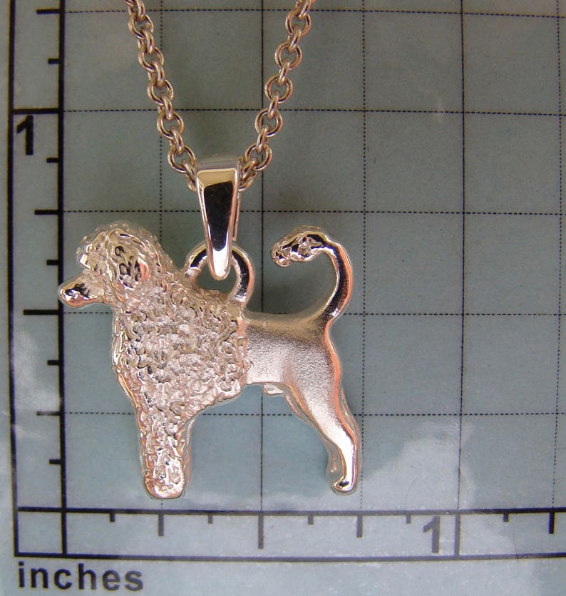 Puede incluir: Collar con colgante de plata con un encanto de perro de agua portugu&eacute;s plateado, texturizado y detallado. El perro est&aacute; de pie con la cola enroscada.
