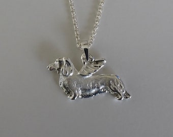 Sterling Silver Long Hair Dachshund Angel Pendant