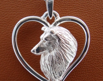 Sterling Silver Sheltie / Shetland Sheepdog Head Study On A Heart Frame Pendant