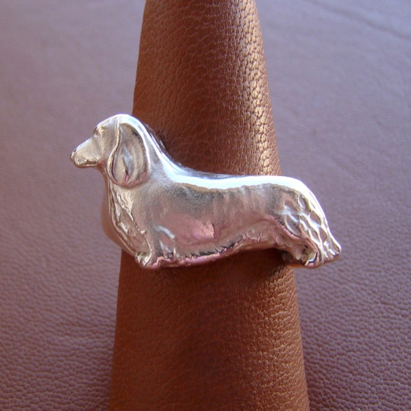 Sterling Silver Long Hair Dachshund Standing Study Ring