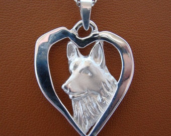 Sterling Silver German Shepherd Dog Head Study On A Heart Frame Pendant
