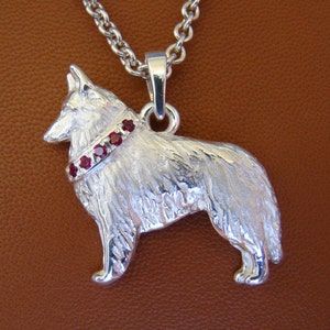 Large Sterling Silver Belgian Tervuren / Belgian Sheepdog Standing Study With A Ruby Colored Collar Pendant