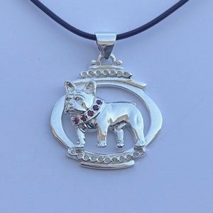 Medium Sterling Silver French Bulldog Standing Study On A Oval Frame With Synthetic Ruby Collar