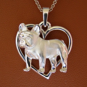 Sterling Silver French Bulldog Standing Study On A Heart Pendant