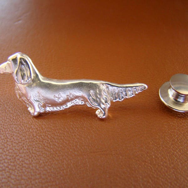 Sterling Silver Long Hair Dachshund Standing Study Lapel Pin