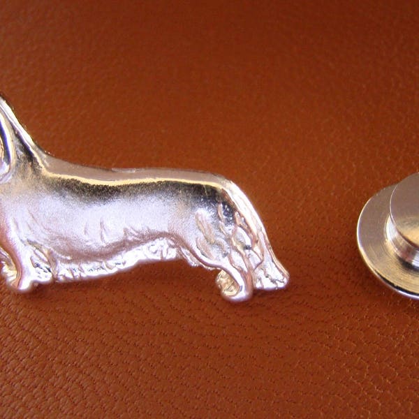 Sterling Silver Long Hair Dachshund Standing Study Lapel Pin