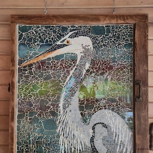 Hand Cut Stained and Tempered Glass Blue Heron Bird Mosaic on a Vintage Window OOAK Blue Grey Yellow Red Orange