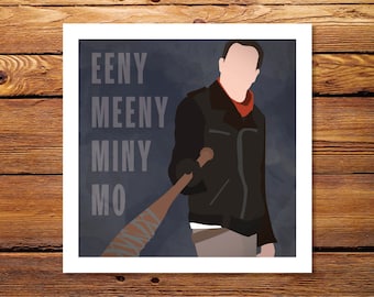 May include: A digital illustration of a man holding a baseball bat wrapped in barbed wire. The background is a dark blue color with the text "Eeny Meeny Miny Mo" in white.