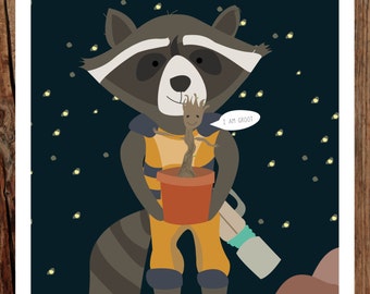 Mapache cohete & Groot. Guardianes de la galaxia inspirado - 11 x 17 poster Print