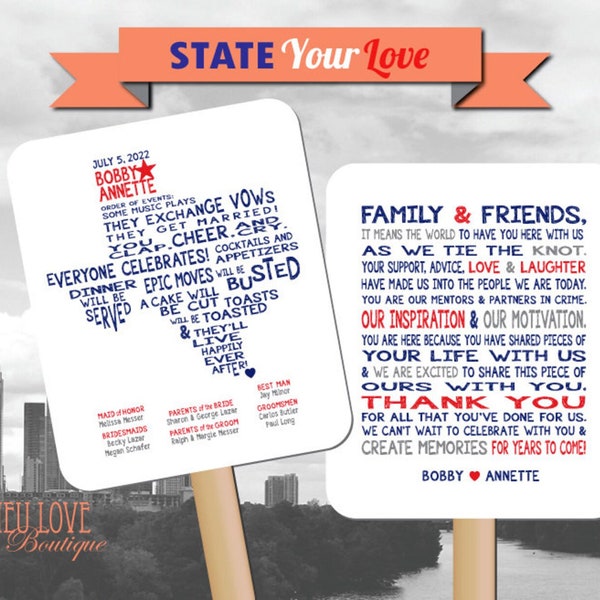 Personalized American State Shape | Hometown | Destination | Country  Wedding Ceremony Program Fan | Custom Wording - Digital File