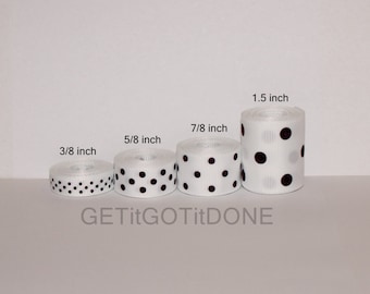 White with Black Polka Dot Grosgrain Ribbon 5 Yards (You choose the width: 3/8, 5/8, 7/8 or 1.5 Inch)
